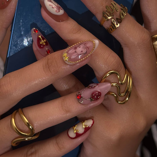 3D cute strawberry and bunny press on nails with pearl accents, heart charms, metallic gold bows, and vintage art details — luxury handmade press on nails, premium custom nail art, cute Japanese nail design, false nails, fake nails, pressons — perfect for birthdays, gifts, cosplay, or kawaii fashion lovers.