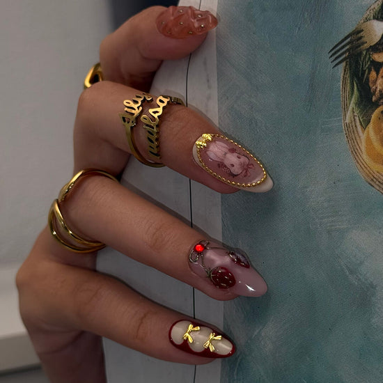 3D cute strawberry and bunny press on nails with pearl accents, heart charms, metallic gold bows, and vintage art details — luxury handmade press on nails, premium custom nail art, cute Japanese nail design, false nails, fake nails, pressons — perfect for birthdays, gifts, cosplay, or kawaii fashion lovers.