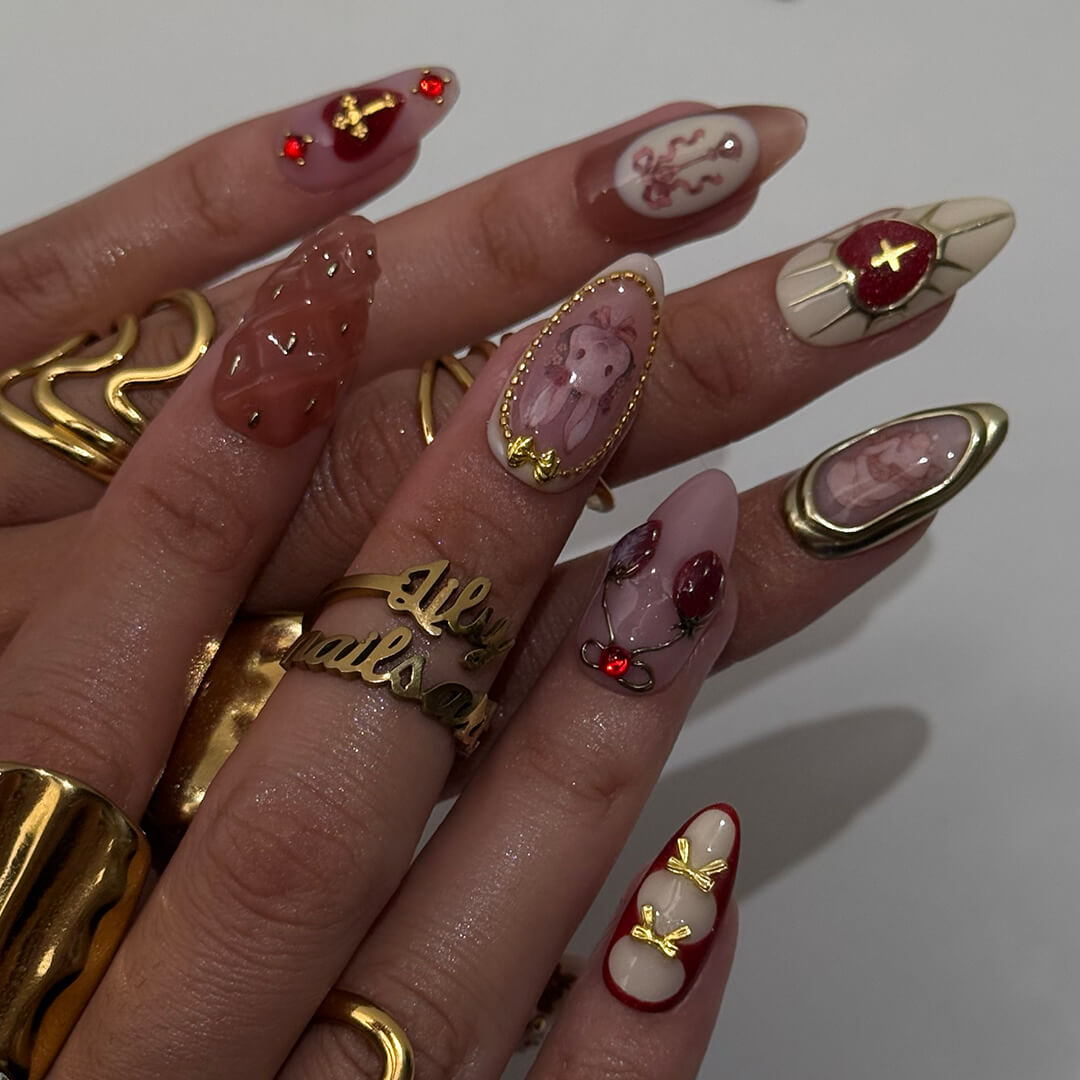 3D cute strawberry and bunny press on nails with pearl accents, heart charms, metallic gold bows, and vintage art details — luxury handmade press on nails, premium custom nail art, cute Japanese nail design, false nails, fake nails, pressons — perfect for birthdays, gifts, cosplay, or kawaii fashion lovers.