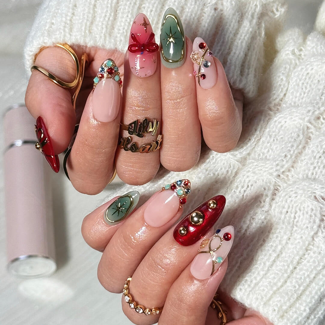 3D renaissance holiday press on nails with Christmas plaid, pearl wreath, candy cane charms, gold ornaments, and snowflake accents — handmade festive nail art for parties or gifting.