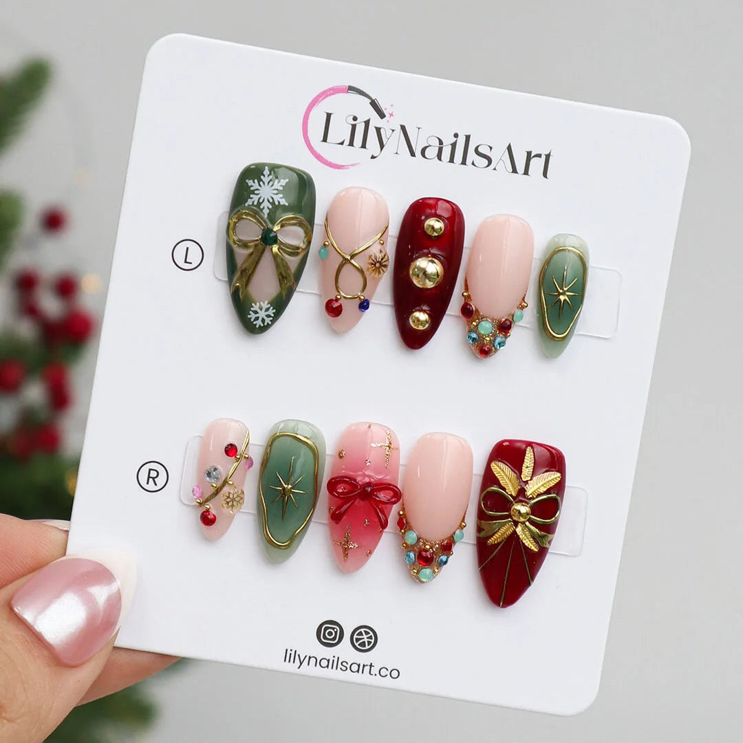 3D renaissance holiday press on nails with Christmas plaid, pearl wreath, candy cane charms, gold ornaments, and snowflake accents — handmade festive nail art for parties or gifting.