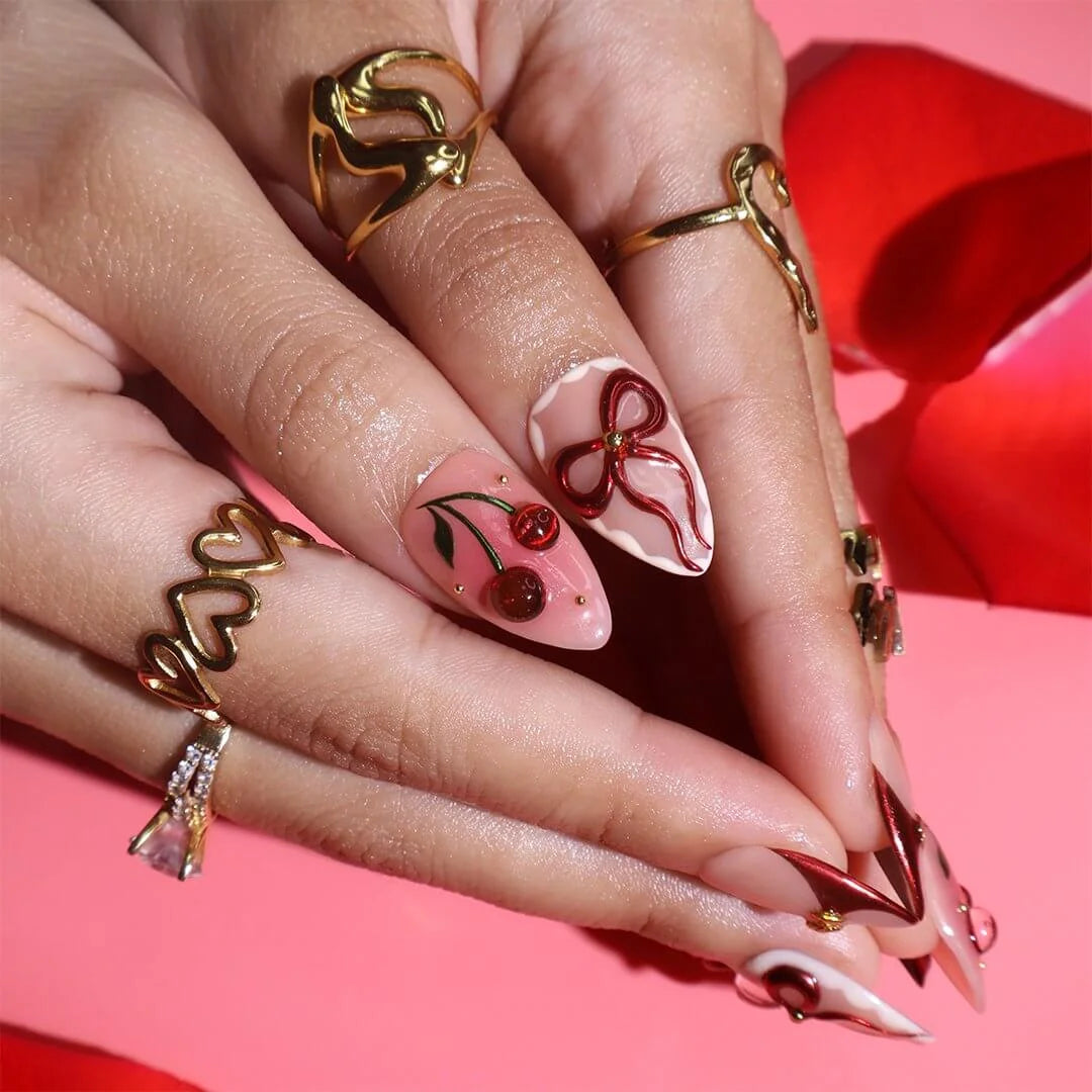 Handmade Red press on nails with Cherry, Bow & 3D Heart, Short Almond luxury handmade nail art, false nails, pressons — perfect for Valentine Date Night