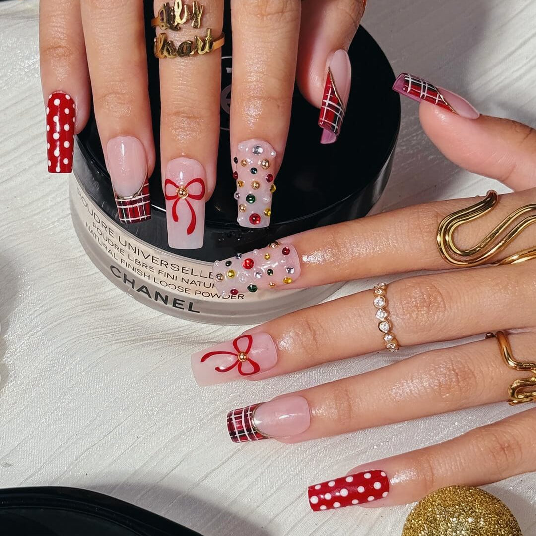 3D red plaid custom press on nails with white polka dots, red ribbon art, and colorful gemstone accents — custom holiday nail set, handmade Christmas fake nails, false pressons — perfect for gifting, parties, or festive looks