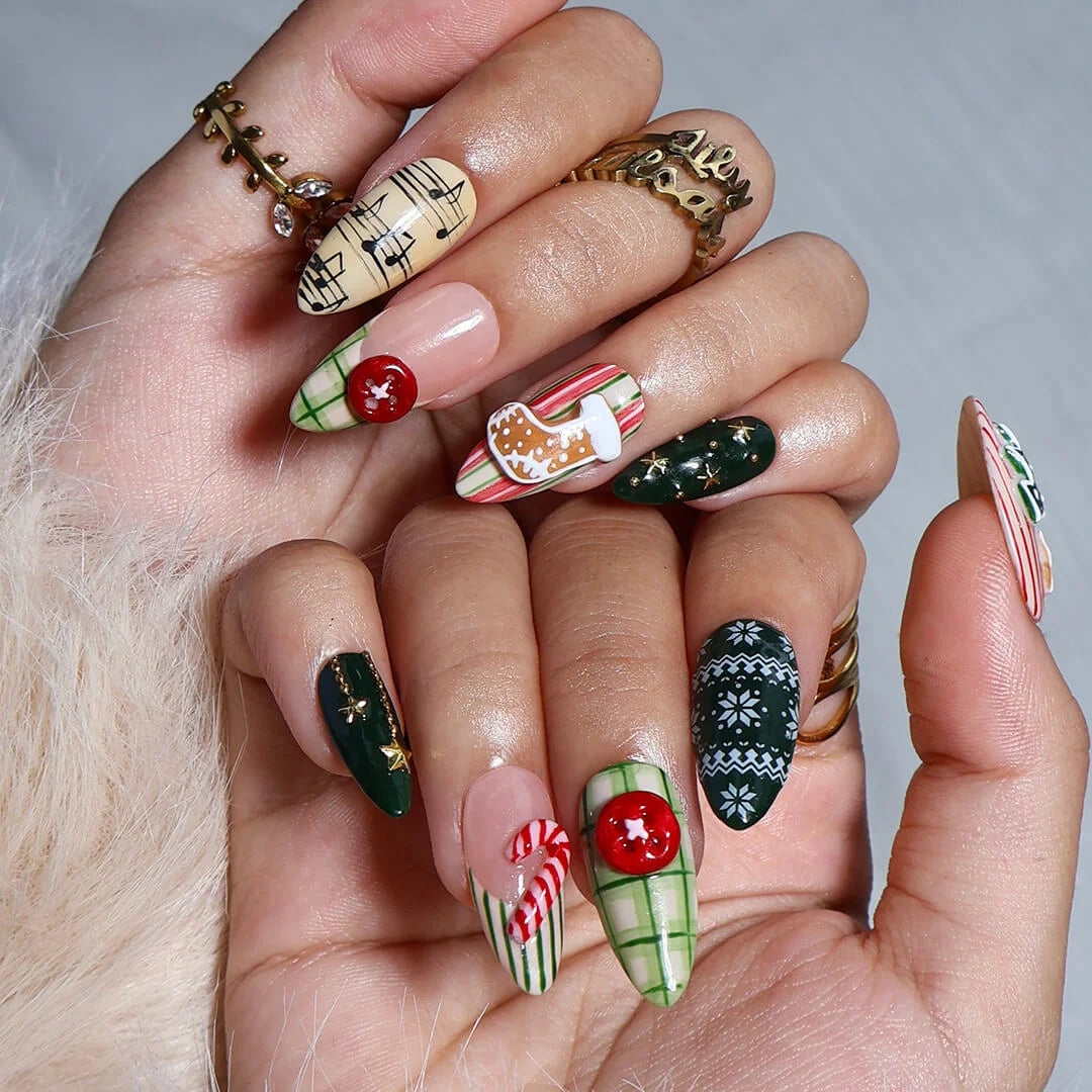 3D Christmas press on nails with plaid, candy cane, gingerbread, and star accents — custom press on nails, luxury handmade nail art, fake nails, false nails, pressons — perfect for holiday parties or festive winter gifts