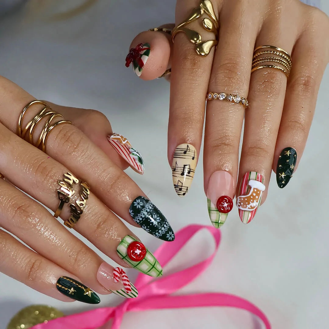 3D Christmas press on nails with plaid, candy cane, gingerbread, and star accents — custom press on nails, luxury handmade nail art, fake nails, false nails, pressons — perfect for holiday parties or festive winter gifts