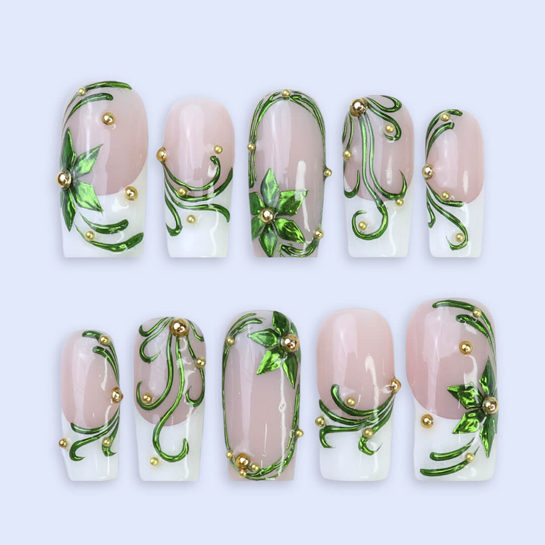 3D emerald ivy press on nails with green renaissance-style leaf accents, gold pearls, and white French tips — holiday-ready custom handmade nail art, reusable and elegant — perfect for Christmas, winter glam, or as a luxury nail gift for her.