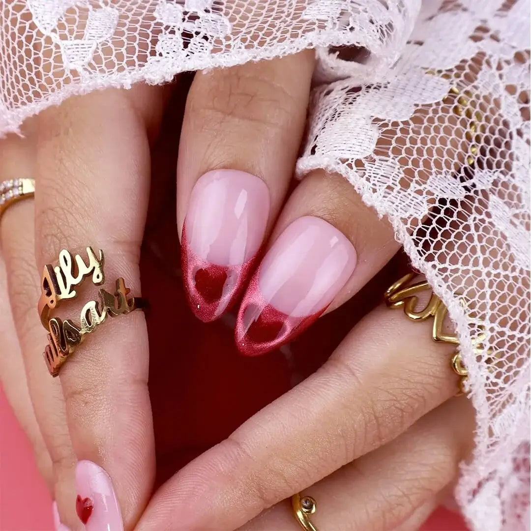 Handmade Pink press on nails with Sweet Heart & French Tip, Medium Almond luxury handmade nail art, false nails, pressons — perfect for Valentine Date Night