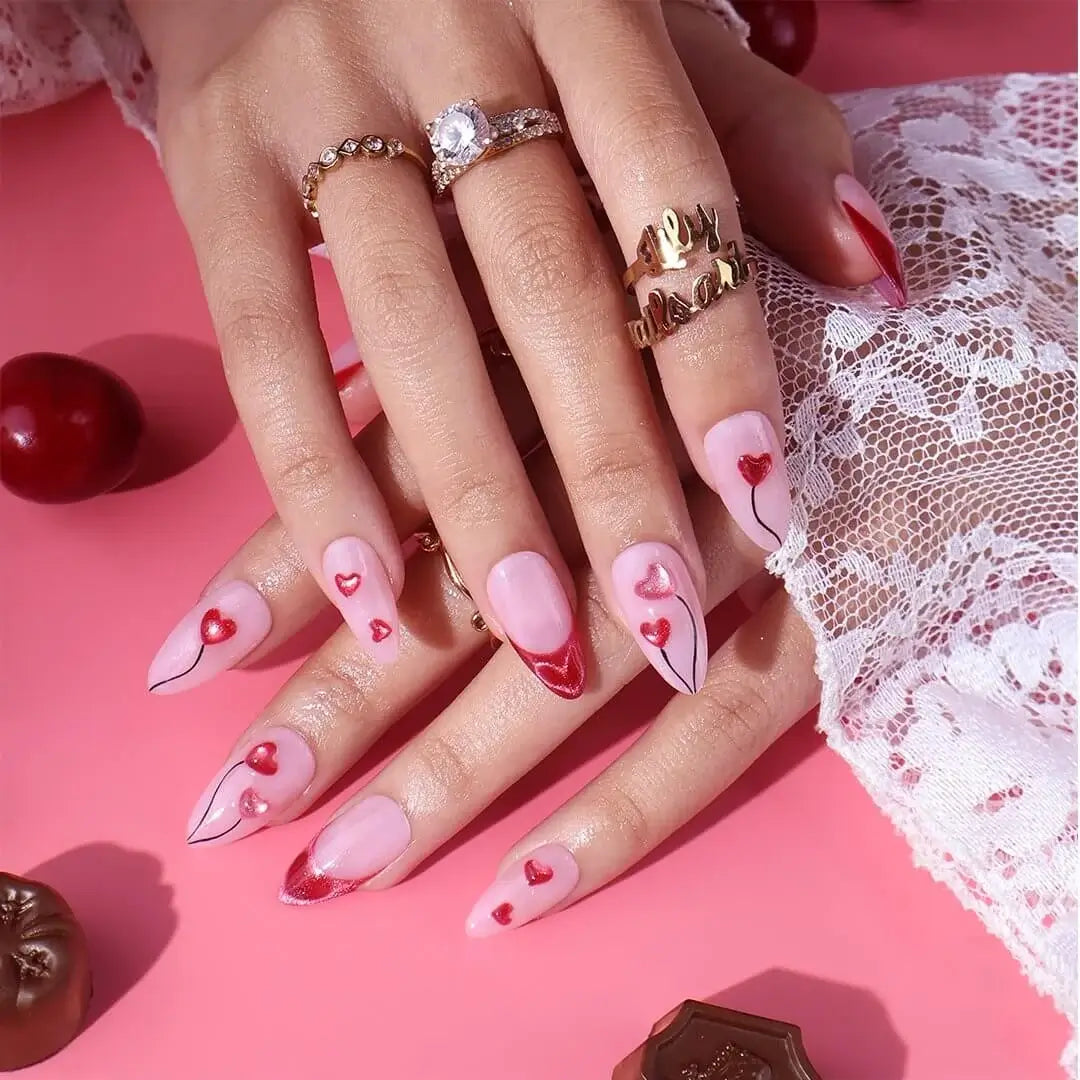 Handmade Pink press on nails with Sweet Heart & French Tip, Medium Almond luxury handmade nail art, false nails, pressons — perfect for Valentine Date Night