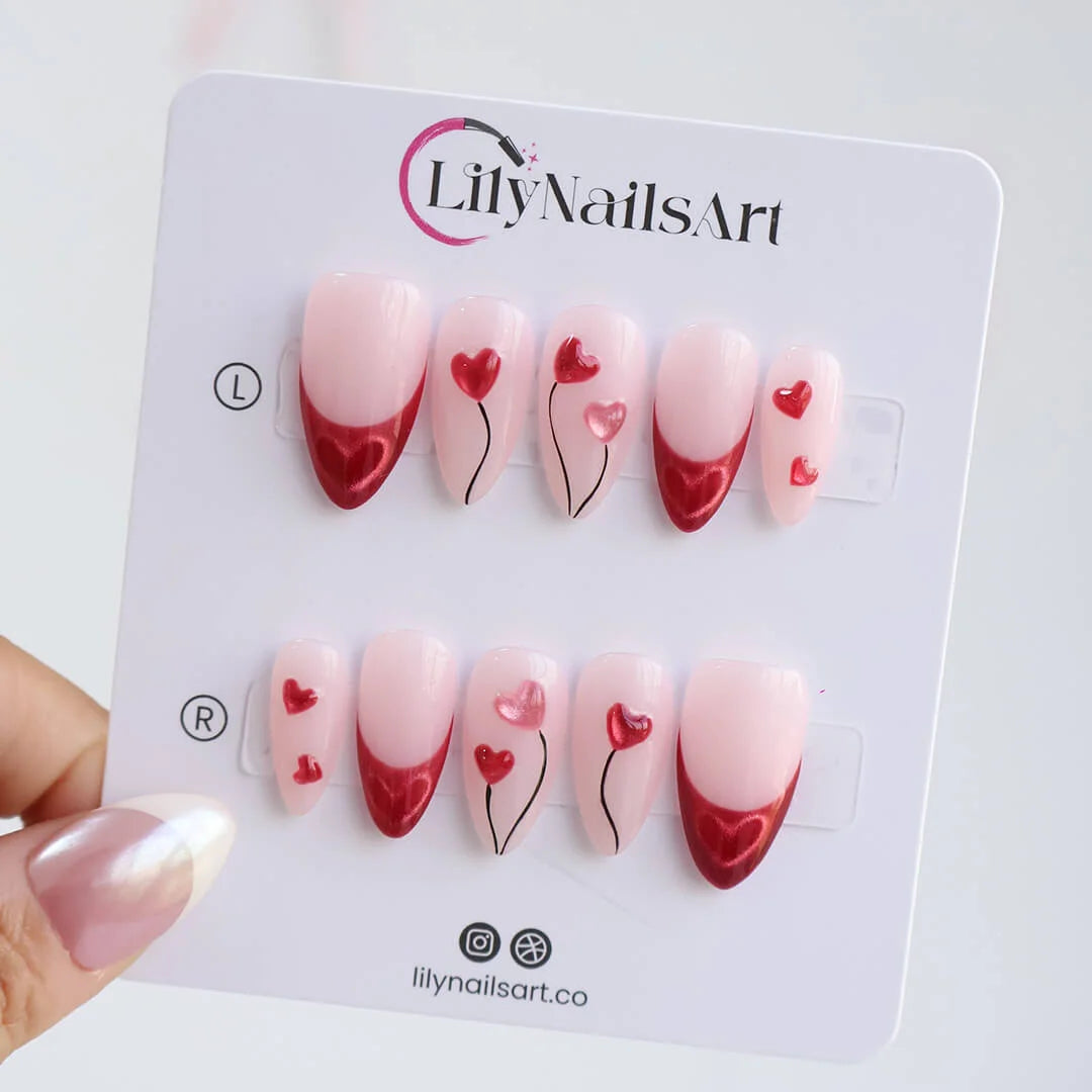 Handmade Pink press on nails with Sweet Heart & French Tip, Medium Almond luxury handmade nail art, false nails, pressons — perfect for Valentine Date Night