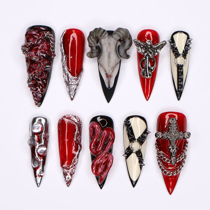 Red, black, and bone press on nails with gothic and horror-inspired 3D designs — handmade stiletto nails, custom press-ons, Halloween nail art, edgy fake nails — perfect for alt fashion, dark beauty looks, and statement nails.