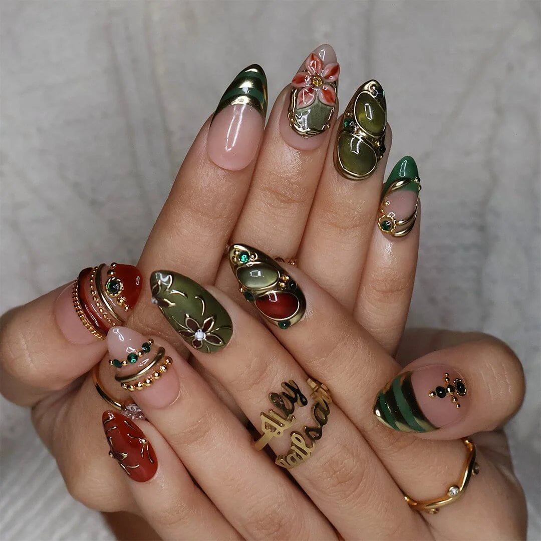 Chianti handmade fall press-on nails — fall almond set in nude, olive green and rust with amber and jade cabochons in ornate gold frames, 3D flowers, emerald gems and gold accents.