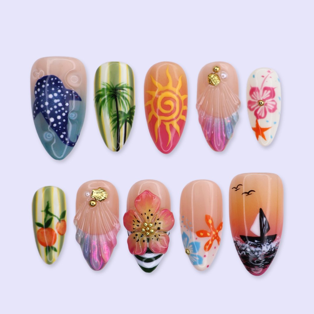 Handmade summer press-on nails with tropical Florida-inspired art featuring palm trees, sunset sailboat, hibiscus and whale shark by Lily Nails Art