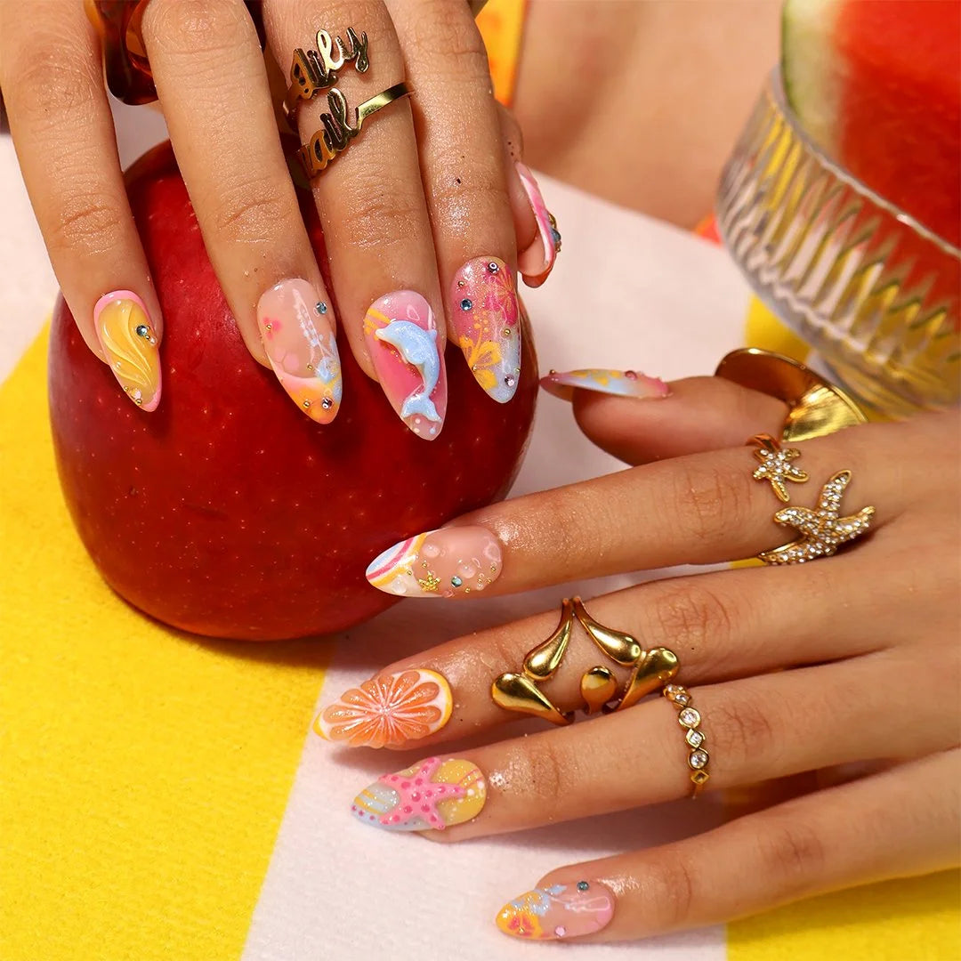 Handmade summer press-on nails with vibrant multicolor tropical floral art and bold pop energy inspired by Zara Larson , y2k nails by lilynailsart