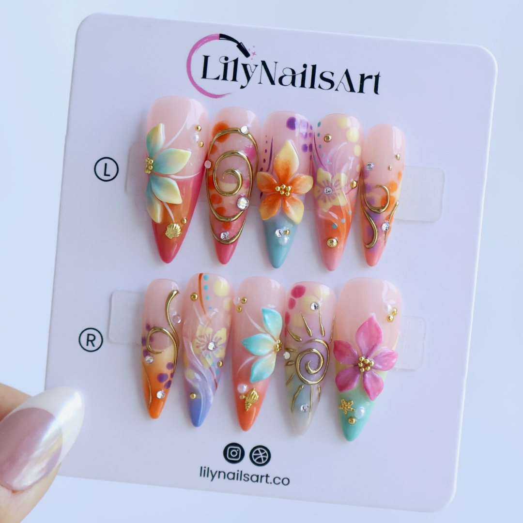 Handmade summer stiletto press-on nails with abundant multicolour florals, 3D blooms, gold spiral charms and crystal embellishments by Lily Nails Art