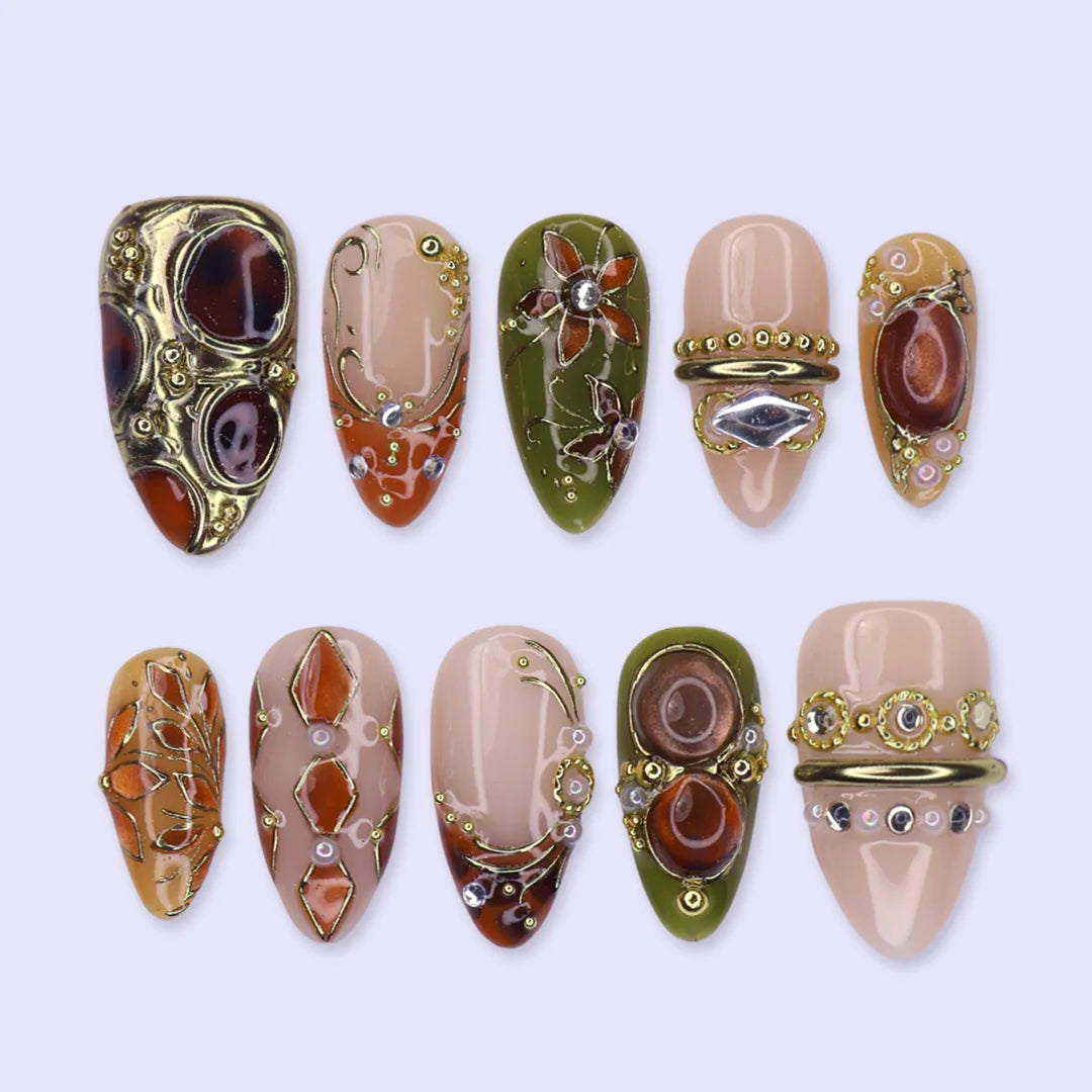 tertoise brown & green handmade fall press-on nails — maximalist medium almond set with amber gemstones, gold filigree and floral detail