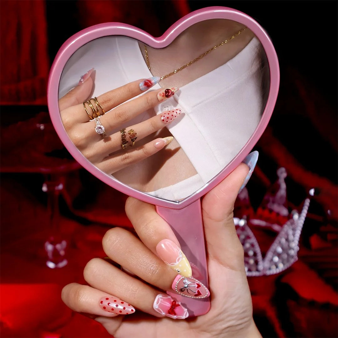 Handmade Pink press on nails with Bow, 3D Heart & Polka Dot, Medium Almond luxury handmade nail art, false nails, pressons — perfect for Valentine Date Night