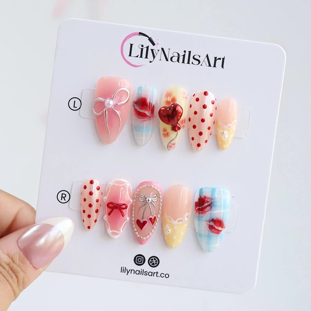 Handmade Pink press on nails with Bow, 3D Heart & Polka Dot, Medium Almond luxury handmade nail art, false nails, pressons — perfect for Valentine Date Night