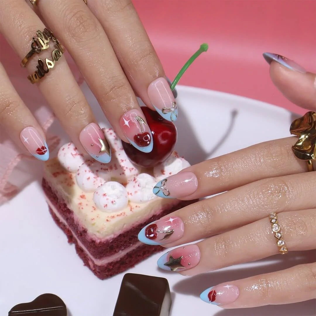 Handmade Blue press on nails with Cherry Details & French Tip, Medium Almond luxury handmade nail art, false nails, pressons — perfect for Valentine Date Night