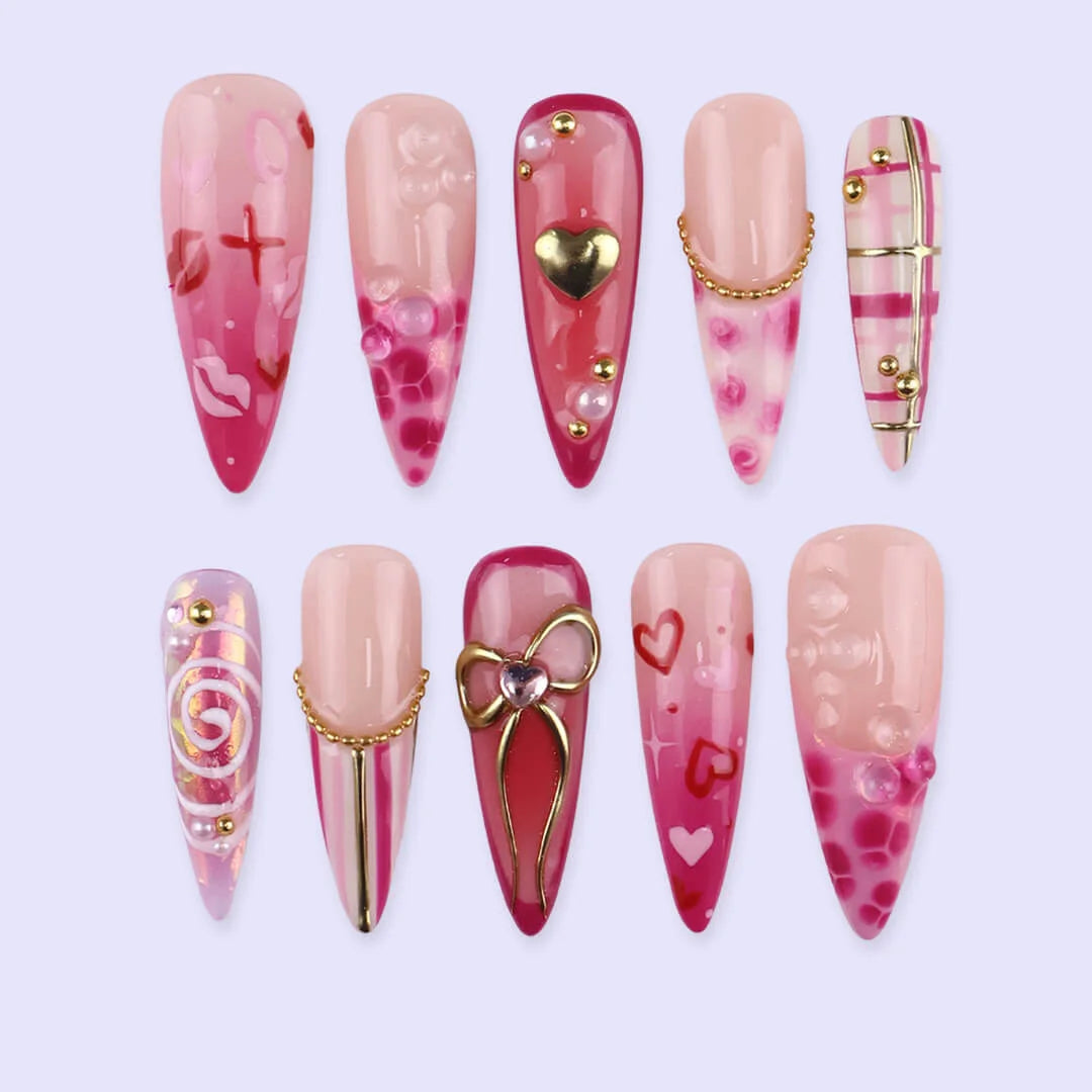 Handmade Pink press on nails with Golden Bow & Heart, Long Almond luxury handmade nail art, false nails, pressons — perfect for Valentine Date Night