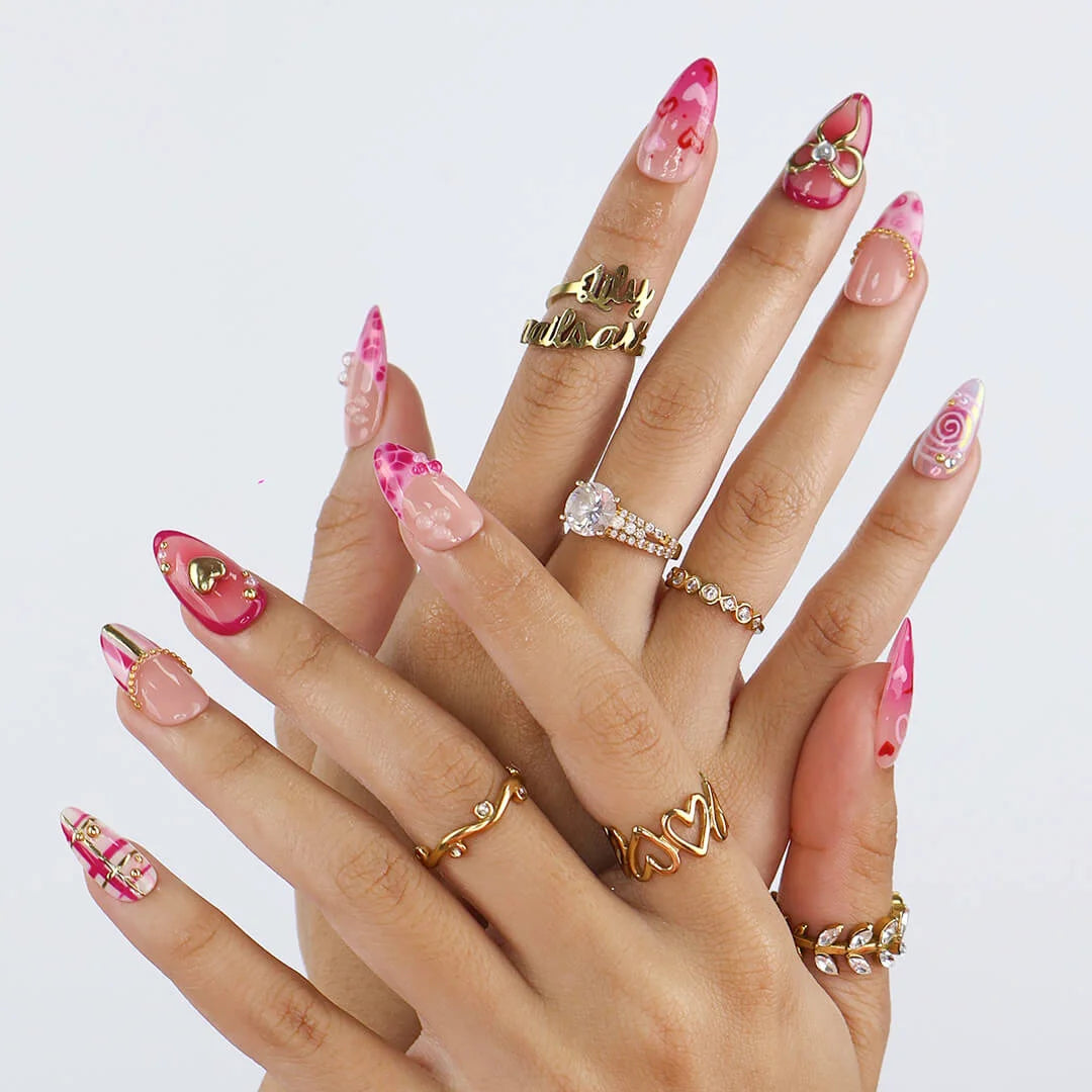 Handmade Pink press on nails with Golden Bow & Heart, Medium Almond luxury handmade nail art, false nails, pressons — perfect for Valentine Date Night