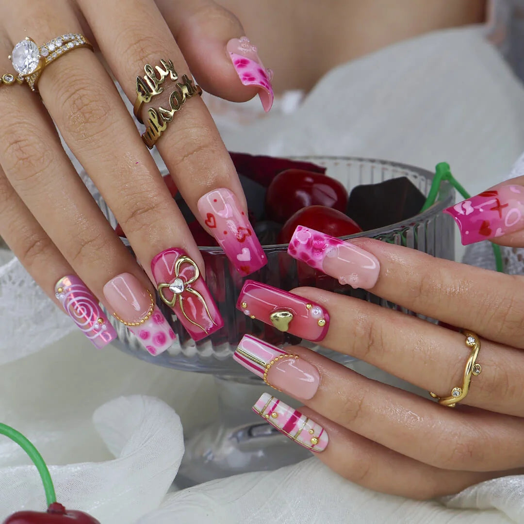 Handmade Pink press on nails with Golden Bow & Heart, Medium Square luxury handmade nail art, false nails, pressons — perfect for Valentine Date Night