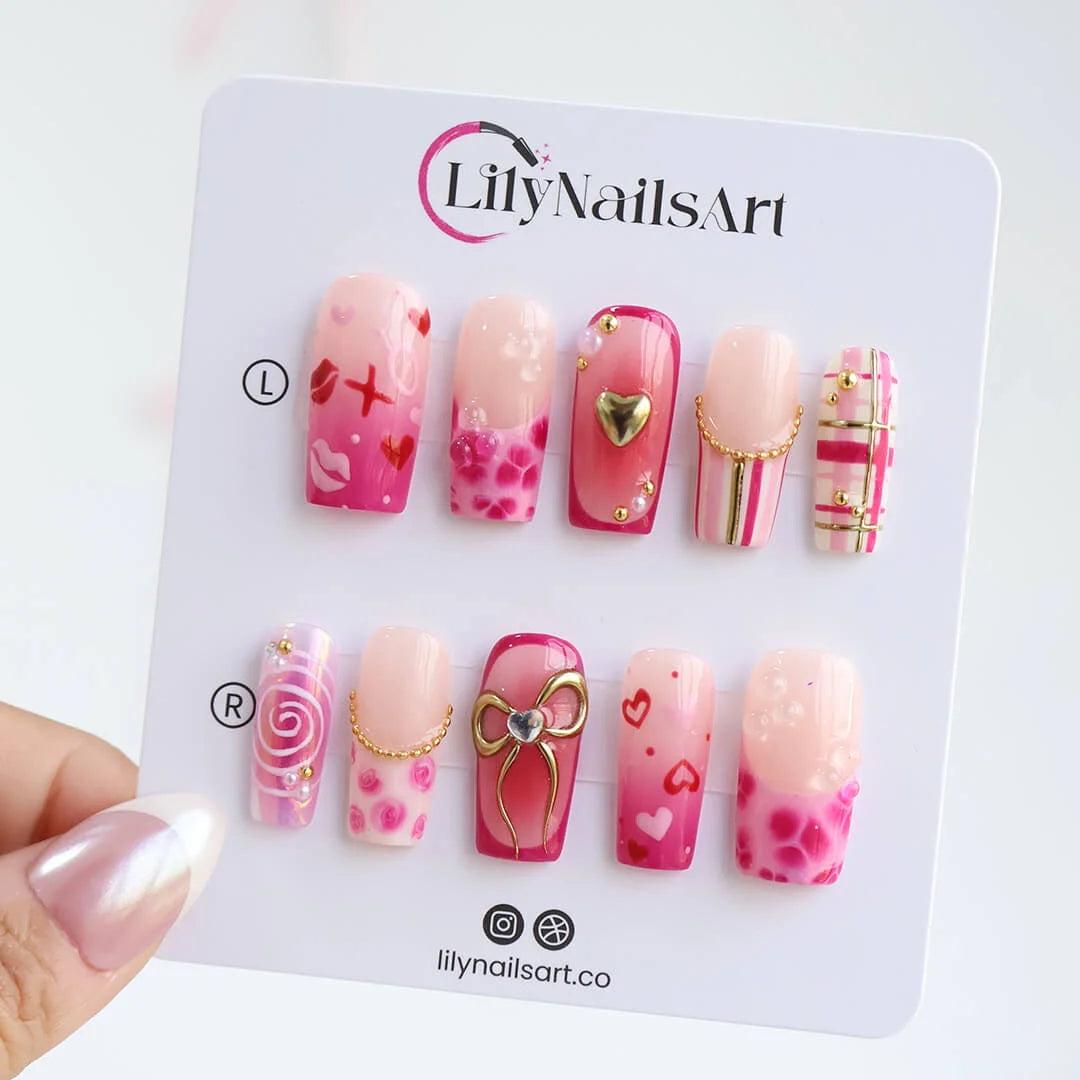 Handmade Pink press on nails with Golden Bow & Heart, Medium Square luxury handmade nail art, false nails, pressons — perfect for Valentine Date Night