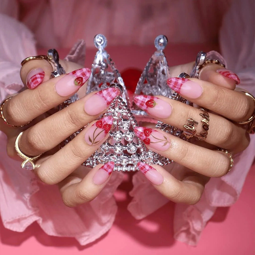 Handmade Pink press on nails with Cute Cherry, Medium Almond luxury handmade nail art, false nails, pressons — perfect for Valentine Date Night