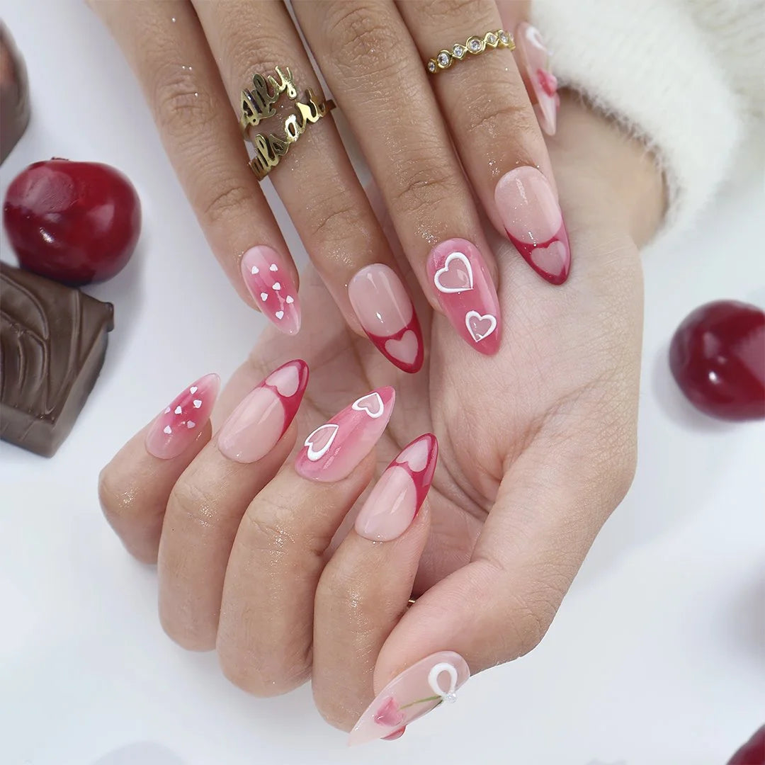 Handmade Pink press on nails with Sweet Heart, Cherry Bow & French Tip, Medium Almond luxury handmade nail art, false nails, pressons — perfect for Valentine Date Night