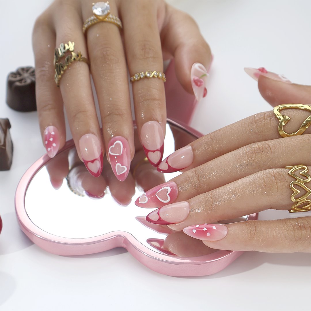 Handmade Pink press on nails with Sweet Heart, Cherry Bow & French Tip, Medium Almond luxury handmade nail art, false nails, pressons — perfect for Valentine Date Night