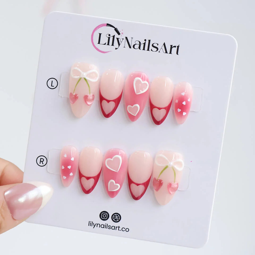 Handmade Pink press on nails with Sweet Heart, Cherry Bow & French Tip, Medium Almond luxury handmade nail art, false nails, pressons — perfect for Valentine Date Night