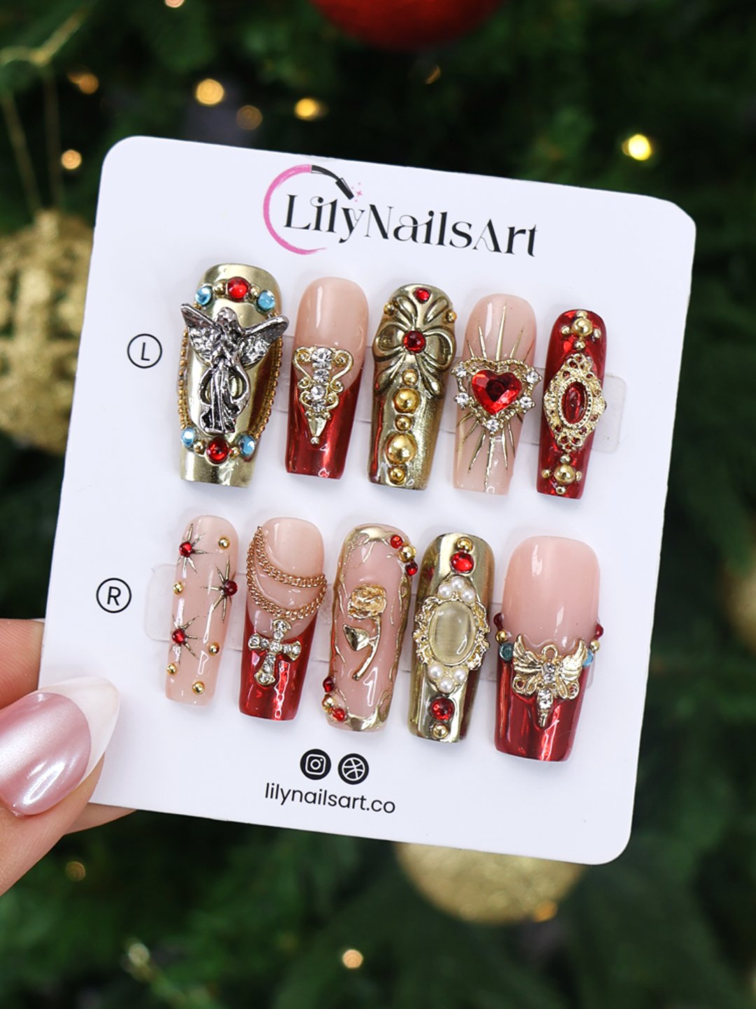 Renaissance-inspired red and gold press on nails with 3D baroque charms, gothic gemstone accents, and ornate metallic detailing — handmade luxury press ons, reusable nail art, false nails, fake nails — perfect for holiday parties, Christmas glam, or editorial photoshoots.