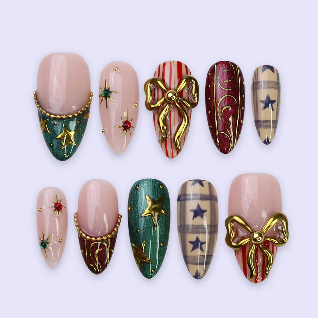 3D red and green custom Christmas press on nails with gold star accents, metallic bows, candy cane stripes, and plaid designs — holiday fake nails, handmade false nails, luxury pressons — perfect for winter parties or as a festive gift idea