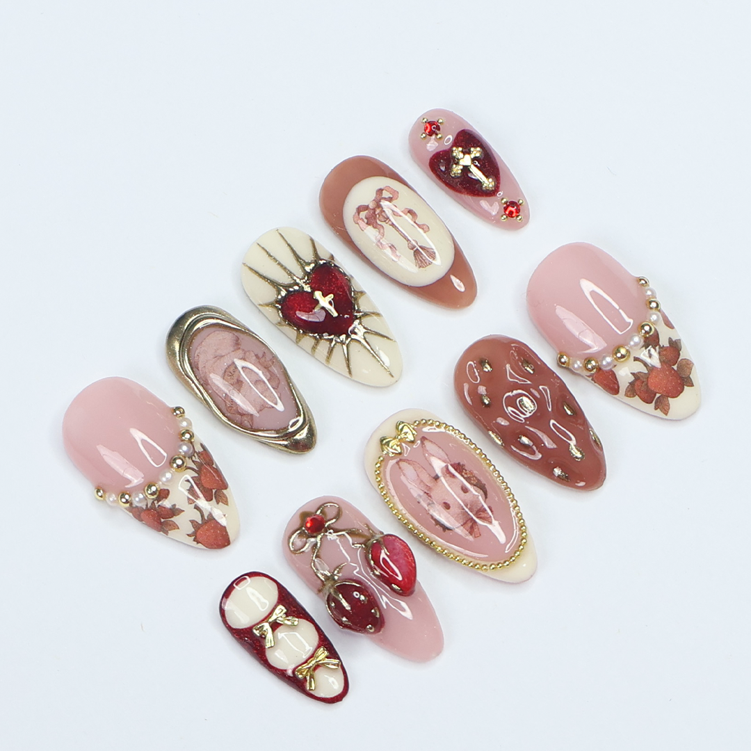 3D cute strawberry and bunny press on nails with pearl accents, heart charms, metallic gold bows, and vintage art details — luxury handmade press on nails, premium custom nail art, cute Japanese nail design, false nails, fake nails, pressons — perfect for birthdays, gifts, cosplay, or kawaii fashion lovers.