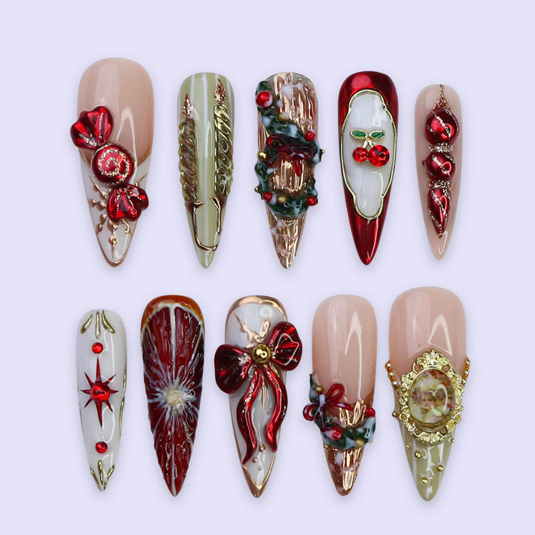 3D red and white Christmas 2025 press on nails with reindeer, snowflakes, candy cane, wreath, tree and gold accents — luxury custom holiday nails, false nails, fake nails, pressons — perfect for Christmas parties, winter events, or as a festive gift for her.