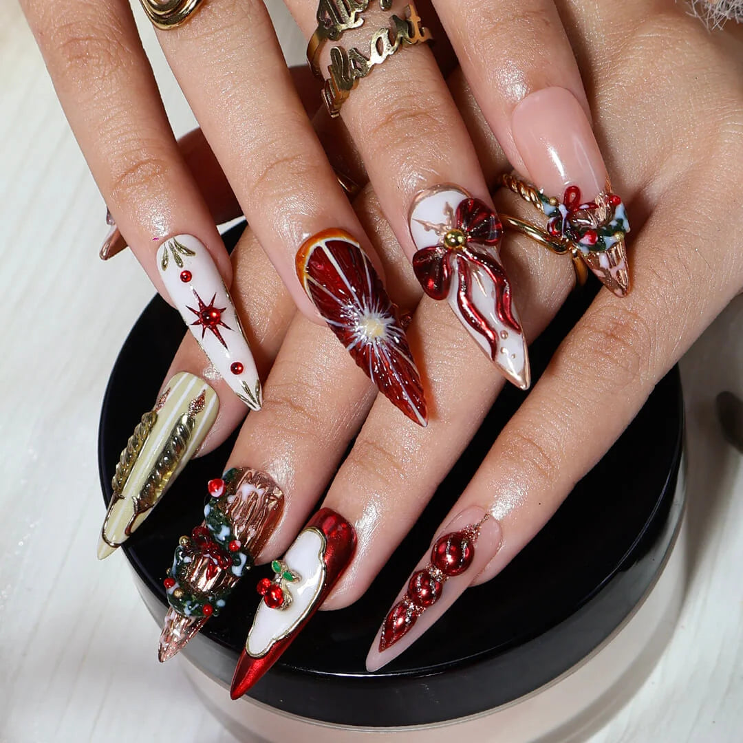 3D red and white Christmas 2025 press on nails with reindeer, snowflakes, candy cane, wreath, tree and gold accents — luxury custom holiday nails, false nails, fake nails, pressons — perfect for Christmas parties, winter events, or as a festive gift for her.