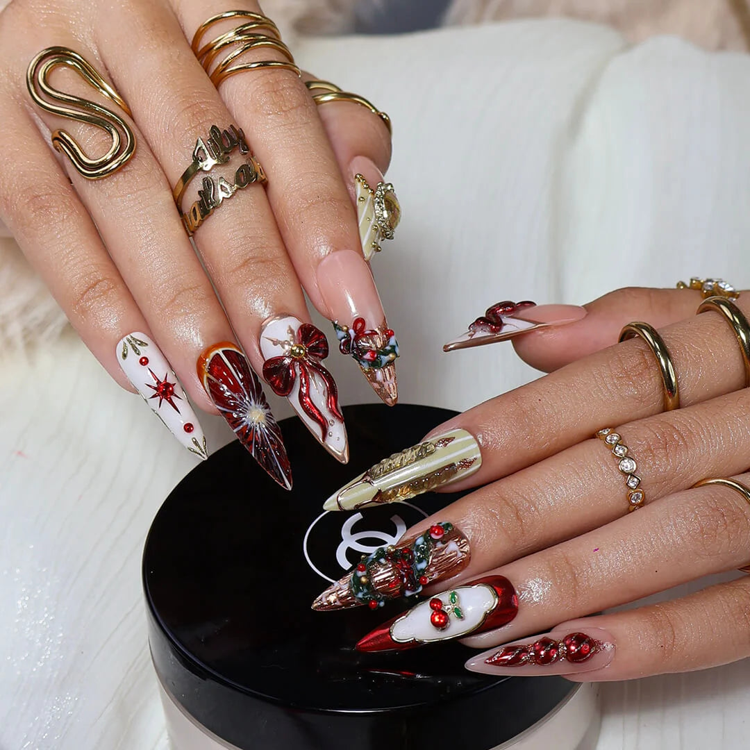 3D red and white Christmas 2025 press on nails with reindeer, snowflakes, candy cane, wreath, tree and gold accents — luxury custom holiday nails, false nails, fake nails, pressons — perfect for Christmas parties, winter events, or as a festive gift for her.