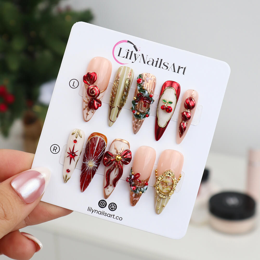 3D red and white Christmas 2025 press on nails with reindeer, snowflakes, candy cane, wreath, tree and gold accents — luxury custom holiday nails, false nails, fake nails, pressons — perfect for Christmas parties, winter events, or as a festive gift for her.