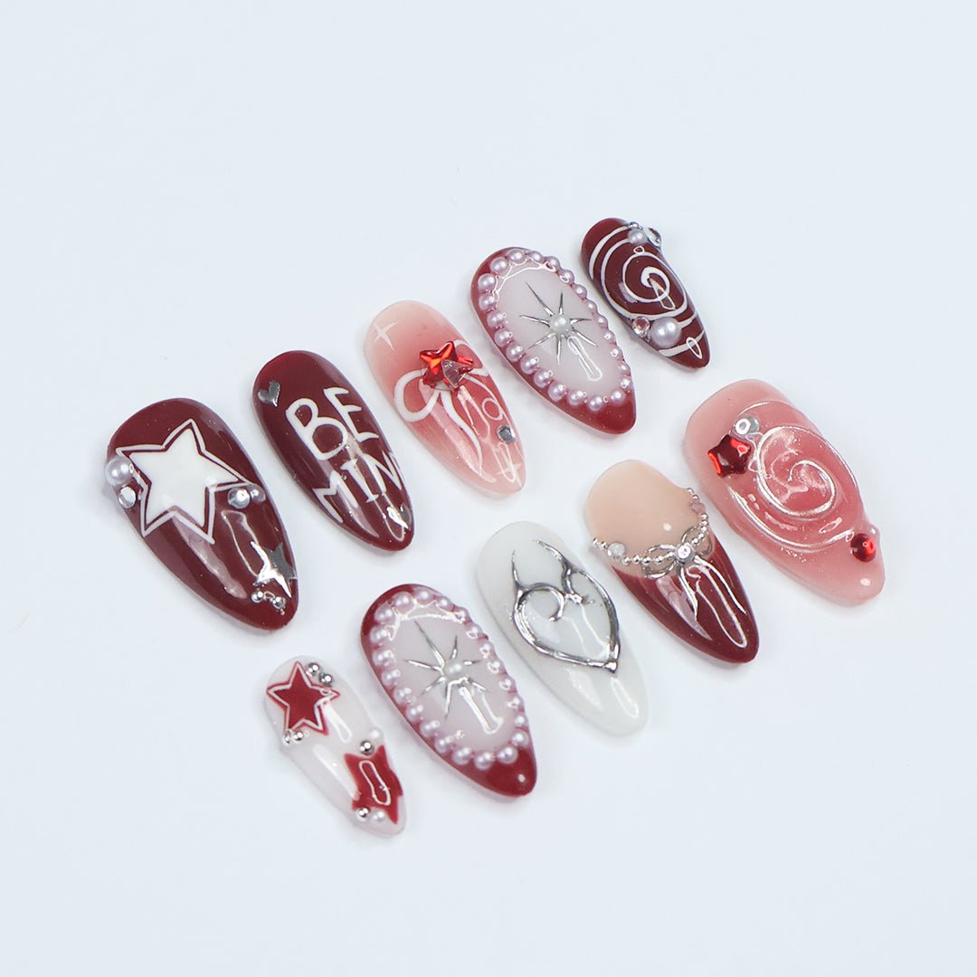 Be Mine Valentine's Day Press-On Nails – Elegant red and pink designs featuring hearts, stars, pearls, and romantic accents, perfect for holidays, birthdays, or vacations