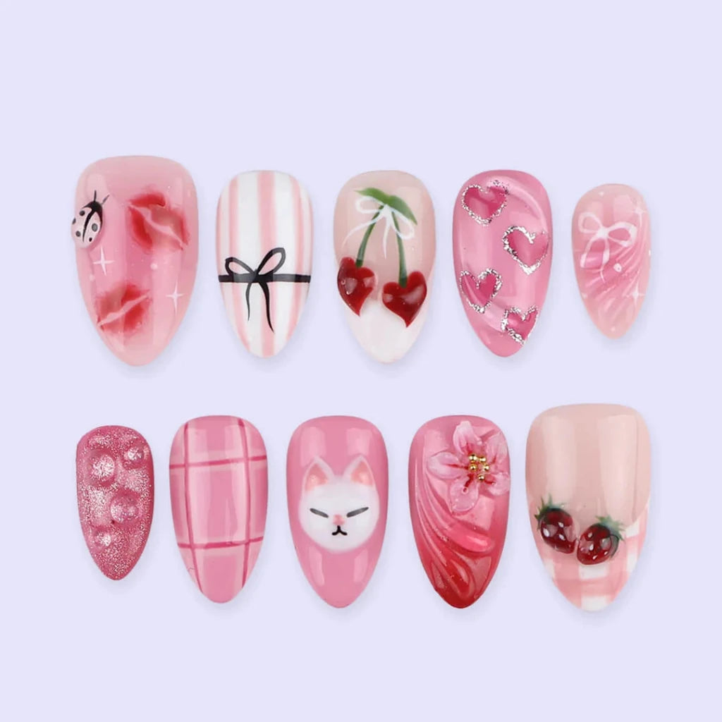 Handmade Pink press on nails with Strawberry, Cute Cat & Love Heart, Short Almond luxury handmade nail art, false nails, pressons — perfect for Valentine Date Night