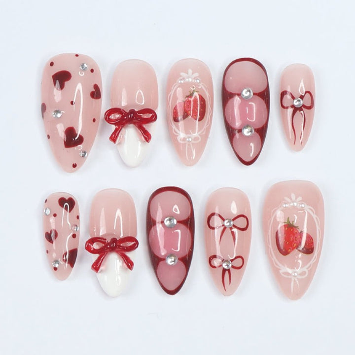 pink press on nails sets bows strawberry press on naisl valentines day press on nails hearts classic