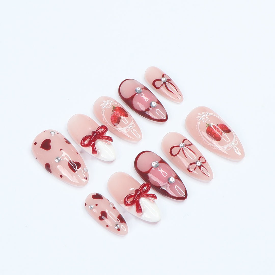 Berry love press on nails bows pink red bows elegant love nails