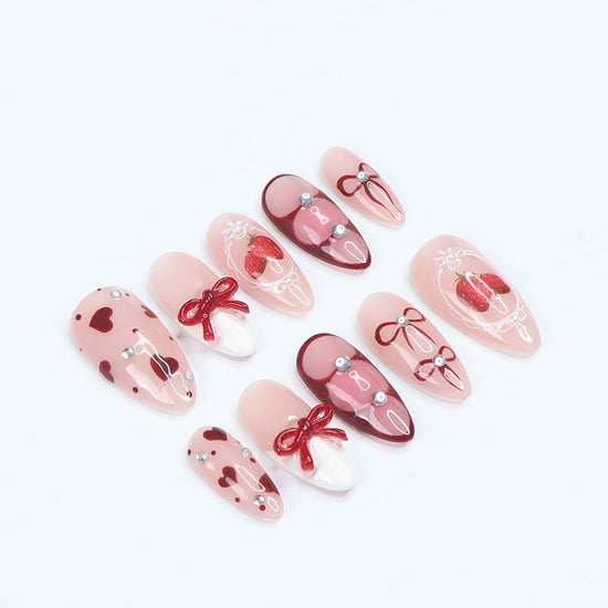 Berry love press on nails bows pink red bows elegant love nails