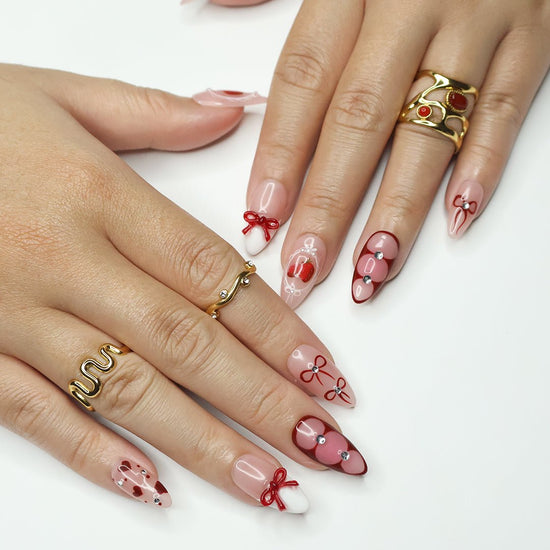 Berry Love - Strawberry Bow Heart Handmade Press-On Nails – romantic design with strawberries, red bows, and heart accents. Perfect for holidays, vacations, birthdays, valentine, or as a thoughtful gift for her.