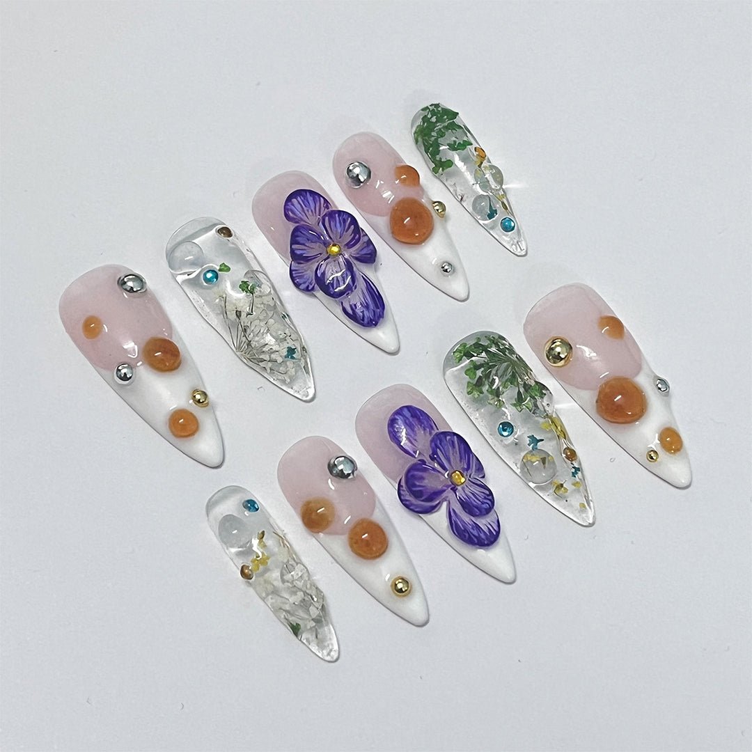 3D flower long almond handmade press on nails, floral spring nails