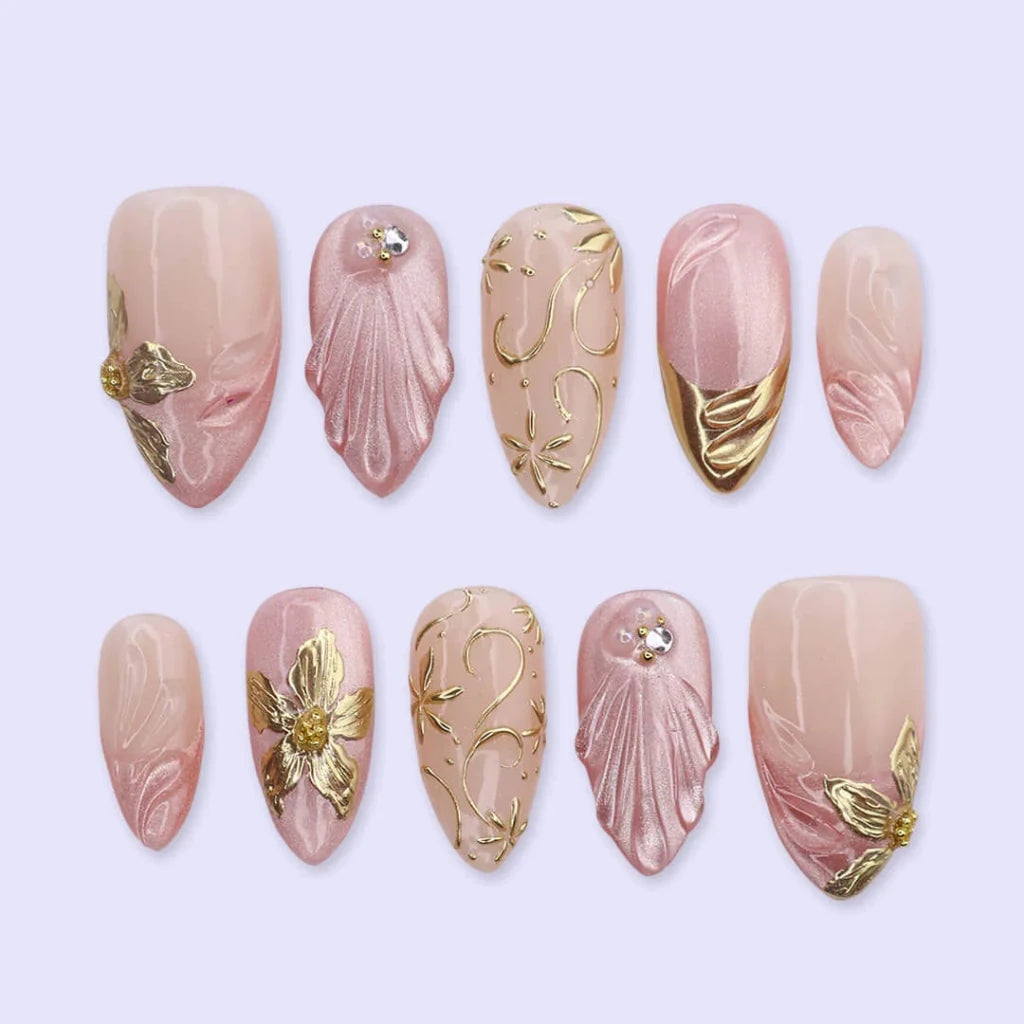 3D dusty rose press on nails with gold floral accents and draped satin texture, embellished with gold leaf and rhinestones — custom press on nails, luxury handmade nail art, fake nails, false nails, pressons — perfect for prom, romantic events, and everyday luxury