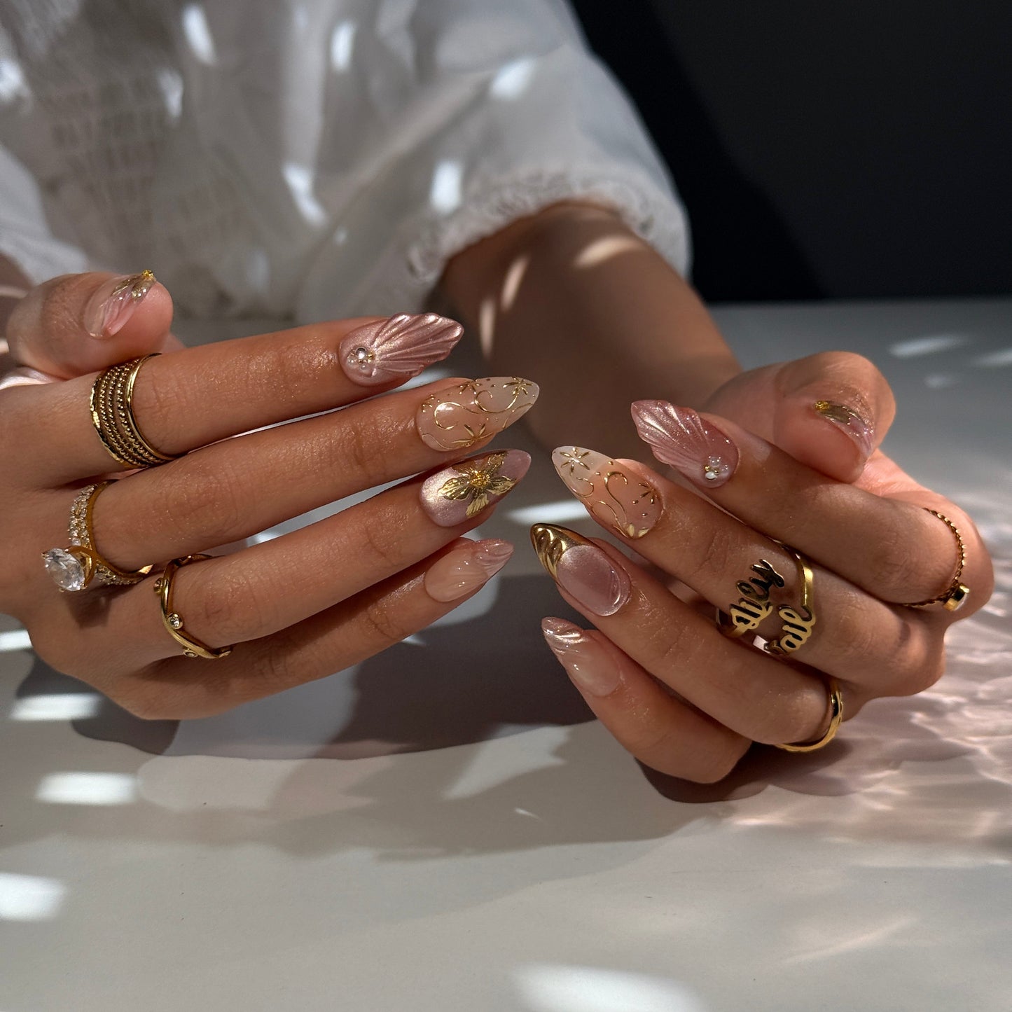 3D dusty rose press on nails with gold floral accents and draped satin texture, embellished with gold leaf and rhinestones — custom press on nails, luxury handmade nail art, fake nails, false nails, pressons — perfect for prom, romantic events, and everyday luxury