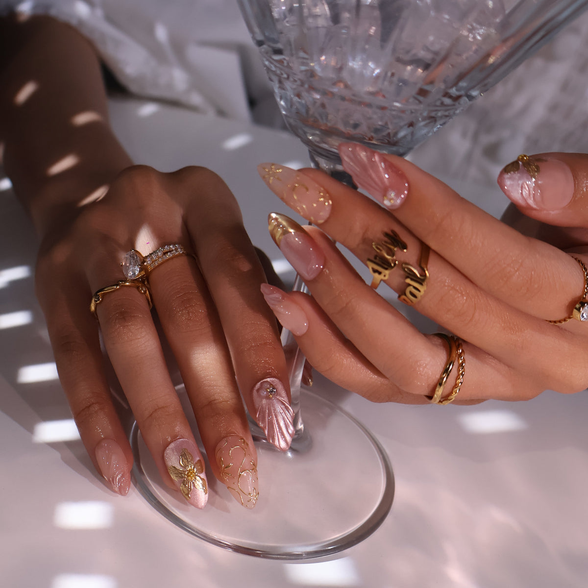 3D dusty rose press on nails with gold floral accents and draped satin texture, embellished with gold leaf and rhinestones — custom press on nails, luxury handmade nail art, fake nails, false nails, pressons — perfect for prom, romantic events, and everyday luxury