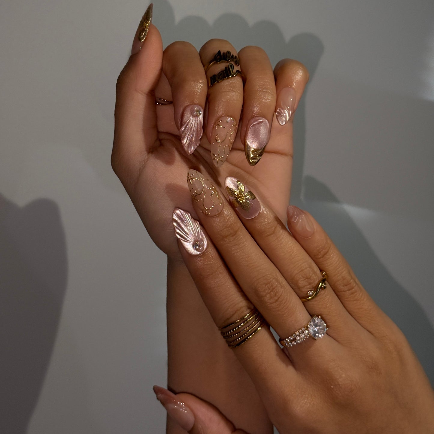 3D dusty rose press on nails with gold floral accents and draped satin texture, embellished with gold leaf and rhinestones — custom press on nails, luxury handmade nail art, fake nails, false nails, pressons — perfect for prom, romantic events, and everyday luxury