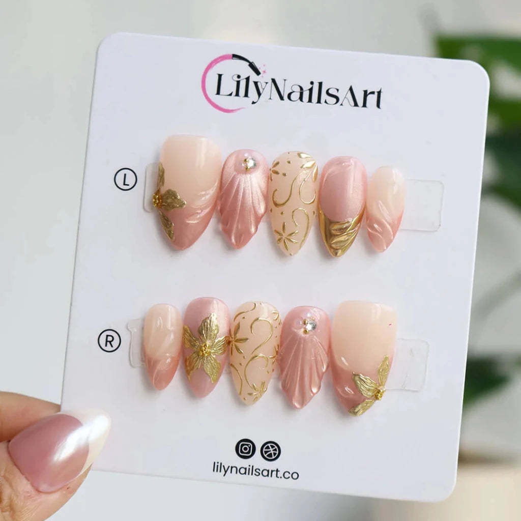 3D dusty rose press on nails with gold floral accents and draped satin texture, embellished with gold leaf and rhinestones — custom press on nails, luxury handmade nail art, fake nails, false nails, pressons — perfect for prom, romantic events, and everyday luxury
