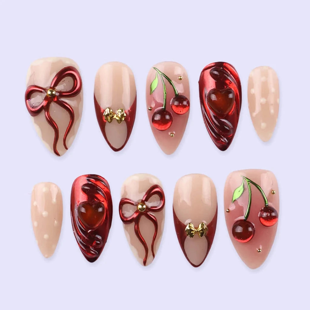 Handmade Red press on nails with Cherry, Bow & 3D Heart, Short Almond luxury handmade nail art, false nails, pressons — perfect for Valentine Date Night
